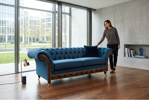 Bleu e Chesterfield Canapé en tissu Canapé Canapés Canapé Sièges Canapés Tissu d'ameublement neuf