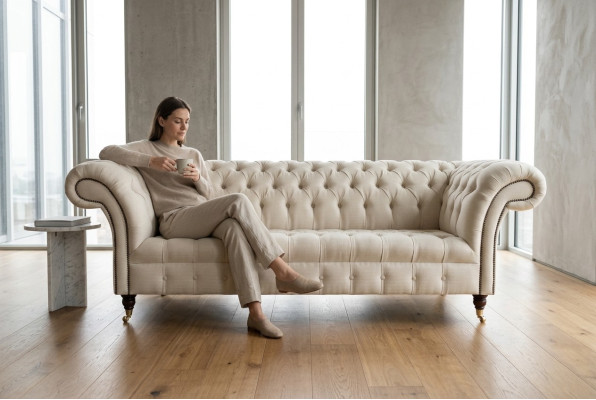 Moderne canapé Chesterfield 3 places beige pour salon