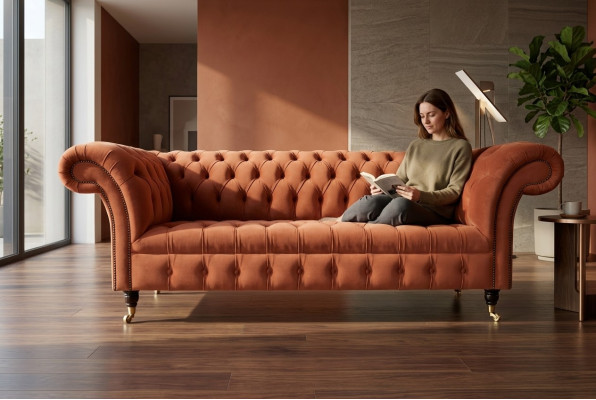 Canapé de salon design Chesterfield orange de luxe 3 places