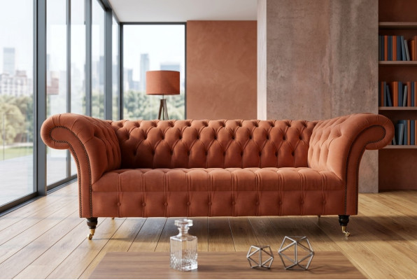 Canapé de salon design Chesterfield orange de luxe 3 places