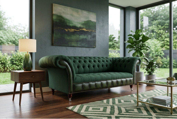 Canapé Chesterfield vert de designer de luxe 3 places pour salon