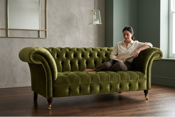 Canapé classique 2 places Chesterfield en tissu velours avec cristaux vert velours neuf