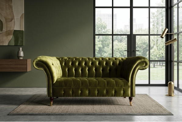 Canapé classique 2 places Chesterfield en tissu velours avec cristaux vert velours neuf