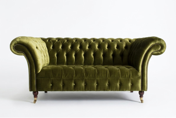 Canapé classique 2 places Chesterfield en tissu velours avec cristaux vert velours neuf