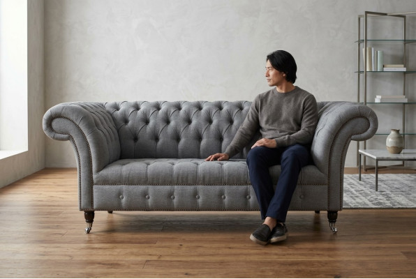Chesterfield Sofa Original JVMoebel Tissu Canapé Tissu Gris 185 cm Canapé Canapés