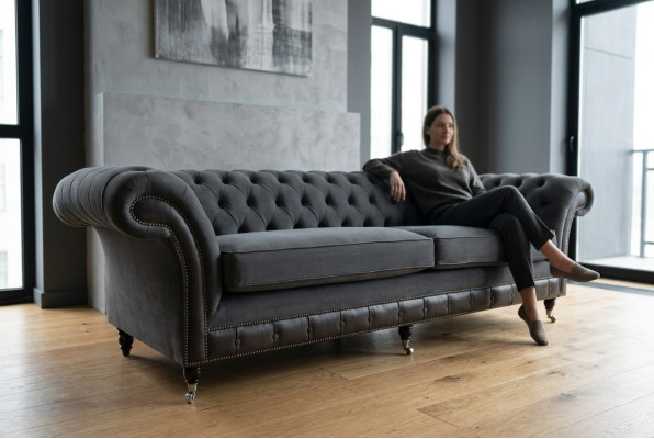 Canapé classique Chesterfield 4 places Canapé Velours Cuir Design Noir nouveau