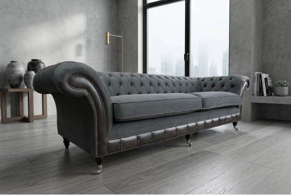 Canapé classique Chesterfield 4 places Canapé Velours Cuir Design Noir nouveau