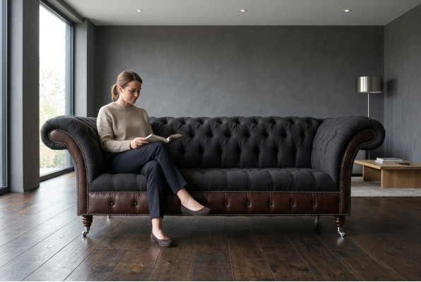 Canapé original Chesterfield JVMoebel Sofa en textile Canapés et sofas Tissu noir Neuf