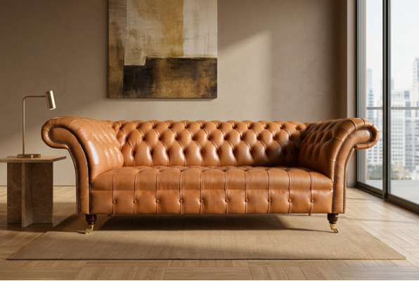 Canapé design Chesterfield trois places moderne brun clair