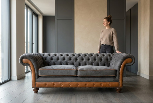 Canapé de luxe Chesterfield 3 places gris-brun pour le salon
