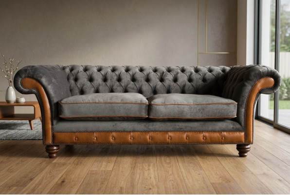 Canapé de luxe Chesterfield 3 places gris-brun pour le salon