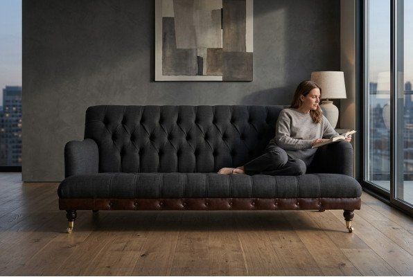 Canapé classique Chesterfield 3 places velours en cuir bleu design revêtement