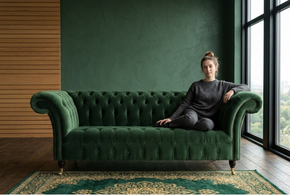 Classique Chesterfield Design Canapé 3 Places Canapé Velours Cuir grand vert neuf