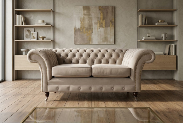 Canapé Chesterfield 2 places, designer de canapé en tissu, ensemble de canapés beige en velours.