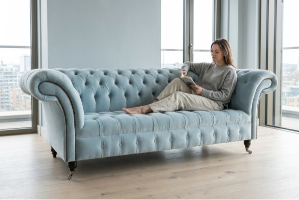 Canapé Chesterfield 3 places en cuir tissu moderne bleu