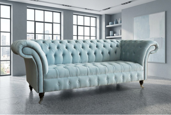 Canapé Chesterfield 3 places en cuir tissu moderne bleu