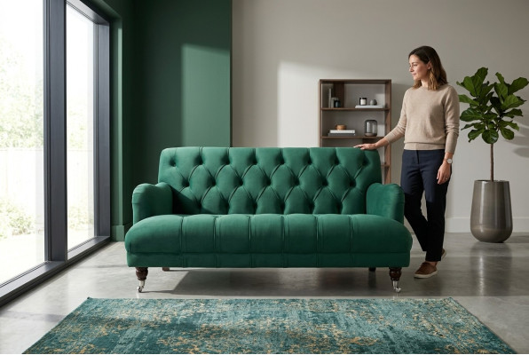 Chesterfield Canapé 2 Places en Cuir Vert de Style Moderne Textile