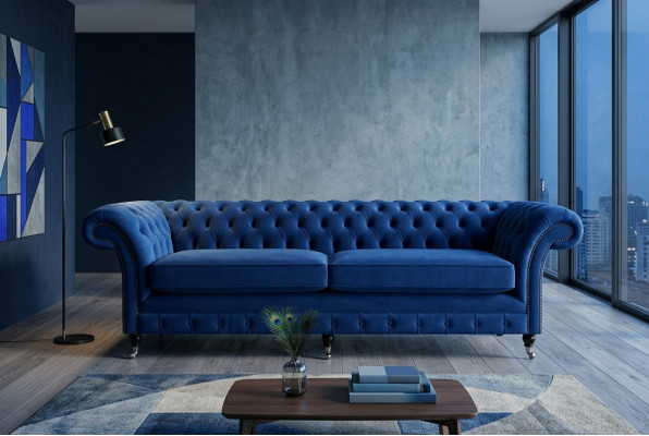 Canapé Chesterfield classique 4 places Canapé en velours en cuir bleu Design Rembourrage