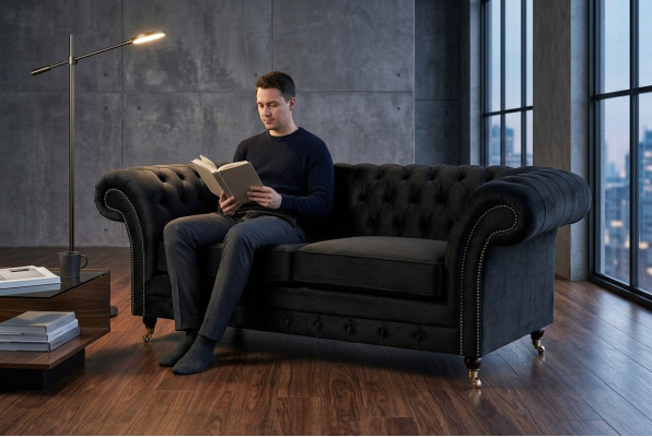 Canapé original Chesterfield JVMoebel, canapé en tissu gris 185 cm.