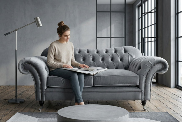 Chesterfield Original Canapé Textile Canapés Tissu Gris 200cm Canapé
