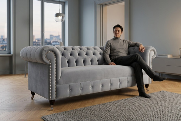 Tissu d'ameublement gris Chesterfield 3 places canapé de salon moderne