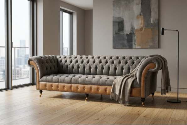Canapé Chesterfield designer en tissu gris-brun 4 places de luxe