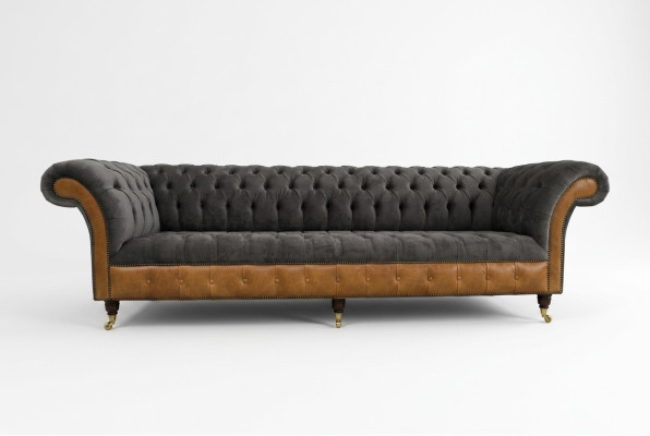 Canapé Chesterfield designer en tissu gris-brun 4 places de luxe