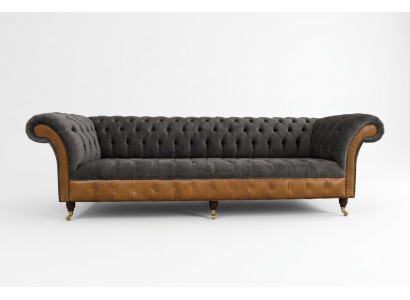 Canapé Chesterfield designer en tissu gris-brun 4 places de luxe