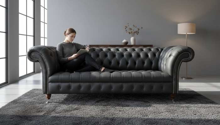 Canapé trois places en cuir Chesterfield gris, designeur à trois places