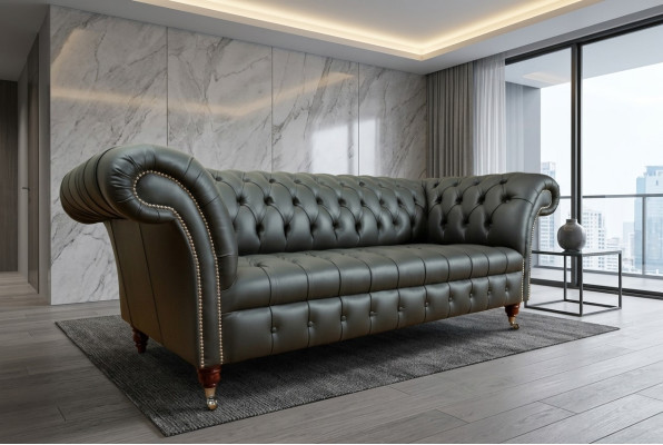 Canapé trois places en cuir Chesterfield gris, designeur à trois places