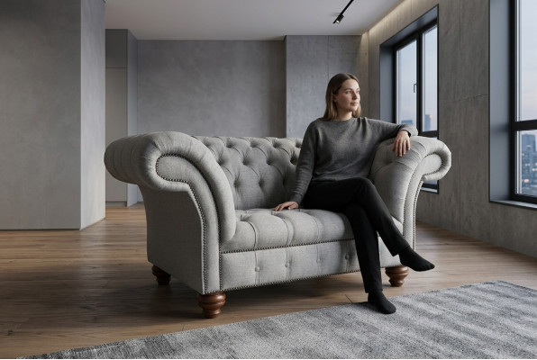 Fauteuil design Chesterfield 1,5 places en tissu canapé lounge gris velours