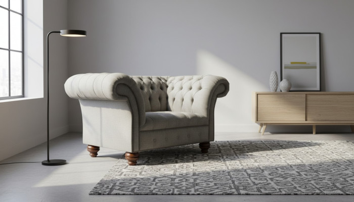 Fauteuil design Chesterfield 1,5 places en tissu canapé lounge gris velours
