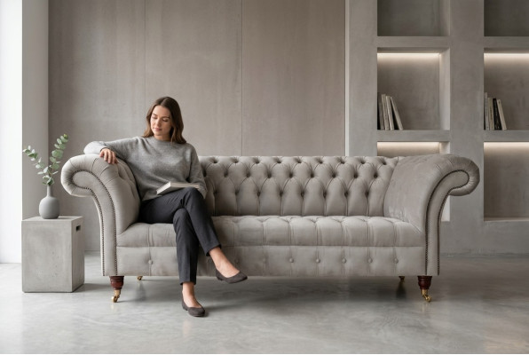 Élégant canapé Chesterfield gris clair trois places de luxe pour le salon.