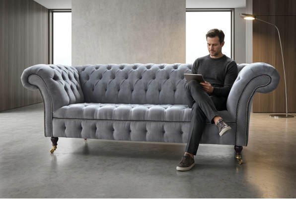 Élégant canapé de salon de luxe Chesterfield gris 3 places