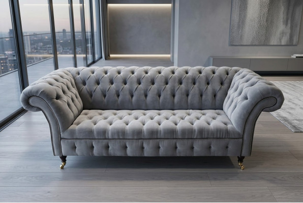 Élégant canapé de salon de luxe Chesterfield gris 3 places