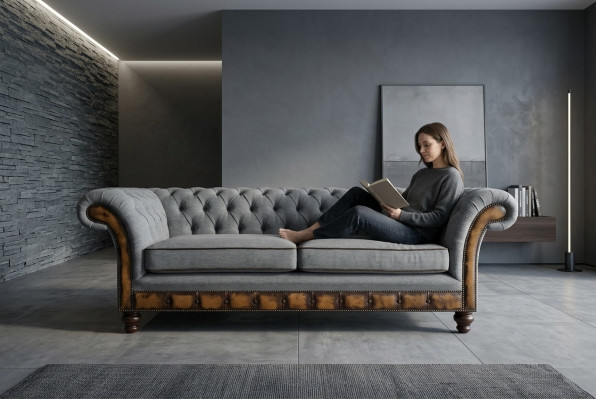 Canapé Chesterfield gris-brun Designer Salon 3 places