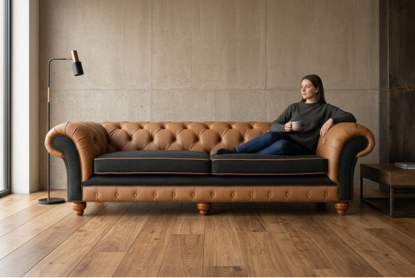 Canapé Chesterfield brun 4 places en velours et cuir design