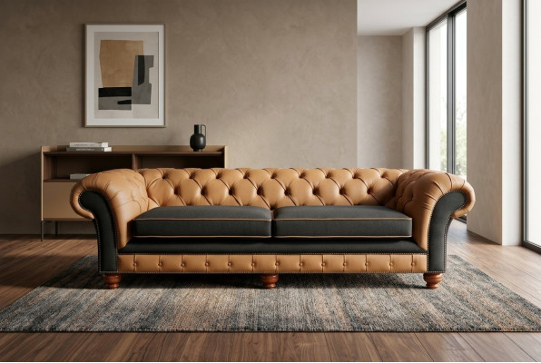 Canapé Chesterfield brun 4 places en velours et cuir design