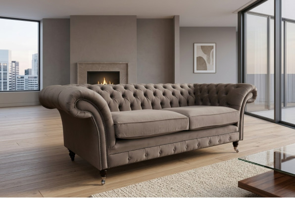 Canapé de salon 3 places Chesterfield de luxe en lin couleur taupe