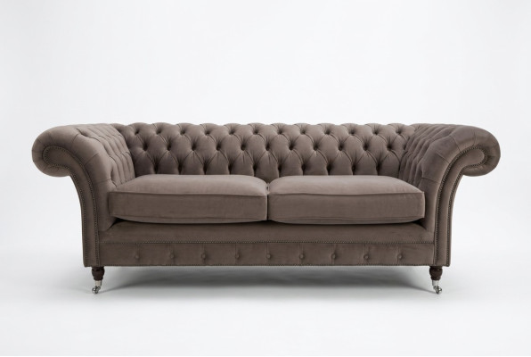 Canapé de salon 3 places Chesterfield de luxe en lin couleur taupe