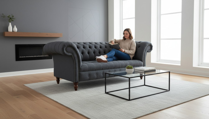 Canapé en textile gris Chesterfield trois places de luxe pour le salon.