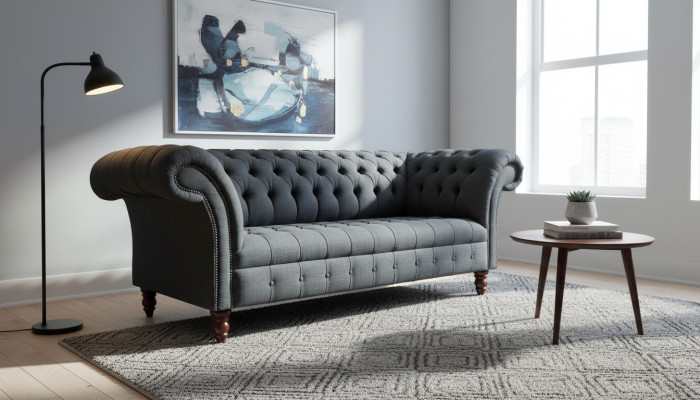 Canapé en textile gris Chesterfield trois places de luxe pour le salon.