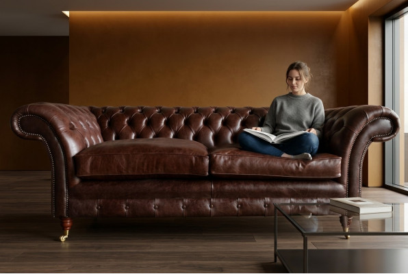 Canapé de salon moderne Chesterfield luxueux en cuir marron 3 places