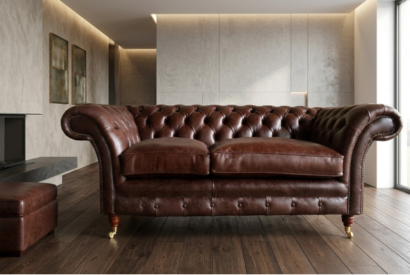 Canapé de salon moderne Chesterfield luxueux en cuir marron 3 places