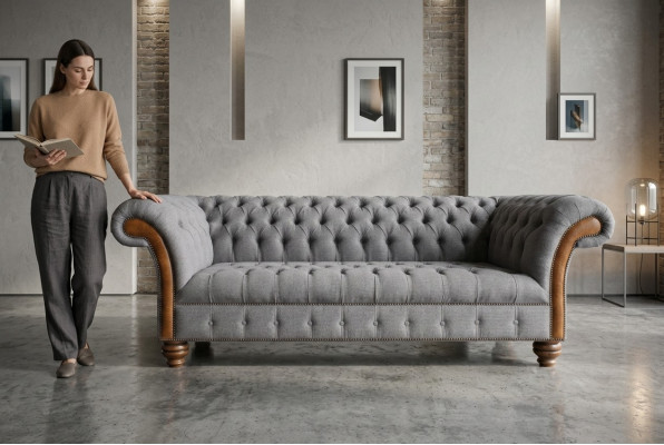 Élégant canapé 3 places Chesterfield gris de luxe pour le salon