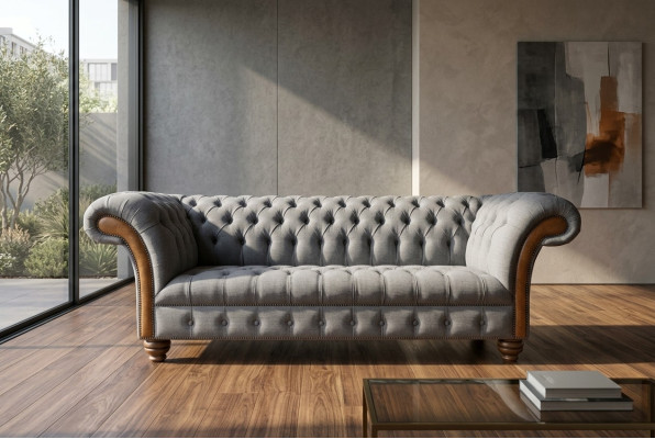 Élégant canapé 3 places Chesterfield gris de luxe pour le salon
