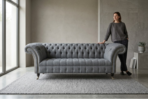 Canapé de designer en tissu gris Chesterfield 3 places de luxe