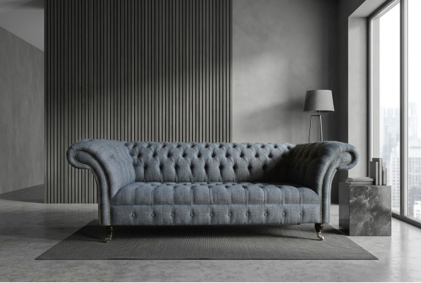 Canapé de designer en tissu gris Chesterfield 3 places de luxe