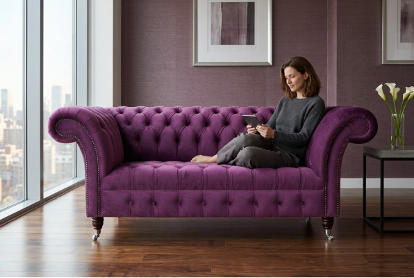 Chesterfield Design Luxus Canapé Sofa Ensemble de Sièges Cuir Tissu Violet Neuf