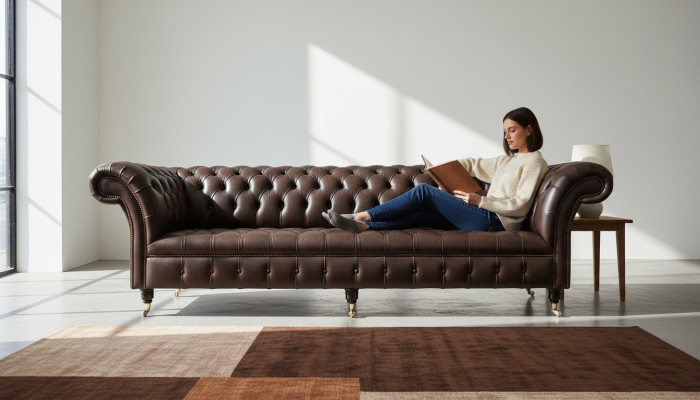 Canapé Chesterfield marron 4 places en tissu pour salon design